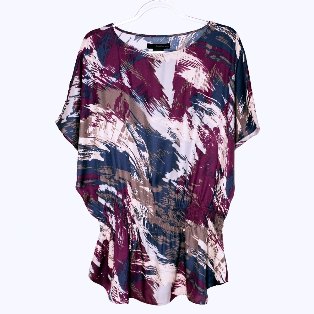 Calvin Klein Abstract Brushstroke Smocked‎ Waist Dolman Blouse 1X - Picture 2 of 8